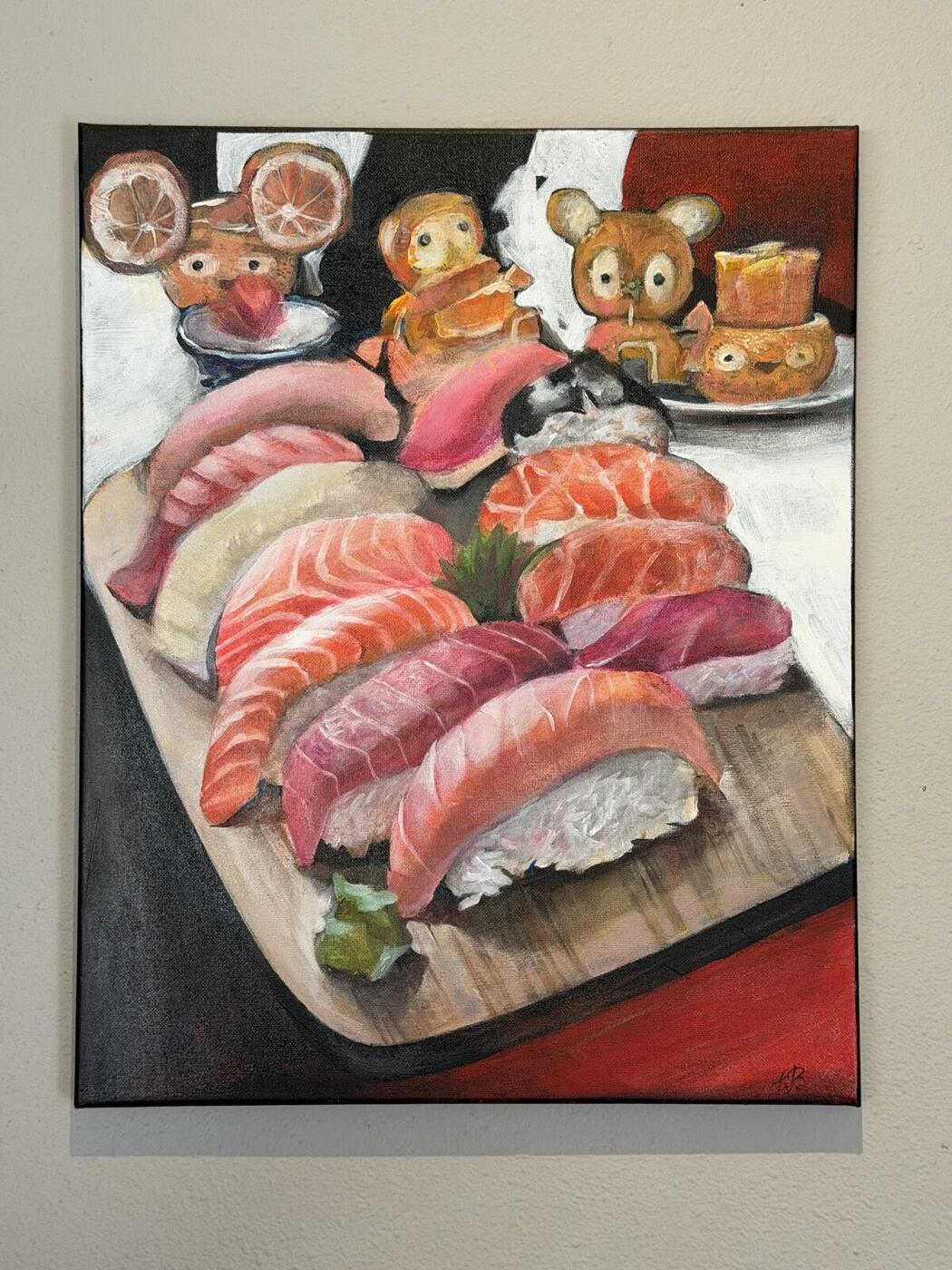 A painting of a sashimi platter hanging at Minato Sushi, hand-painted and gifted by a customer