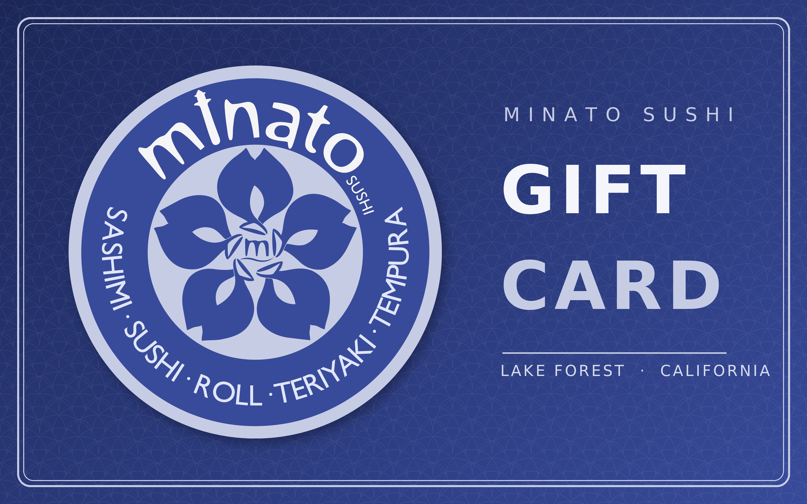 A Minato Sushi digital gift card in the restaurant's signature indigo, featuring the Minato logo
